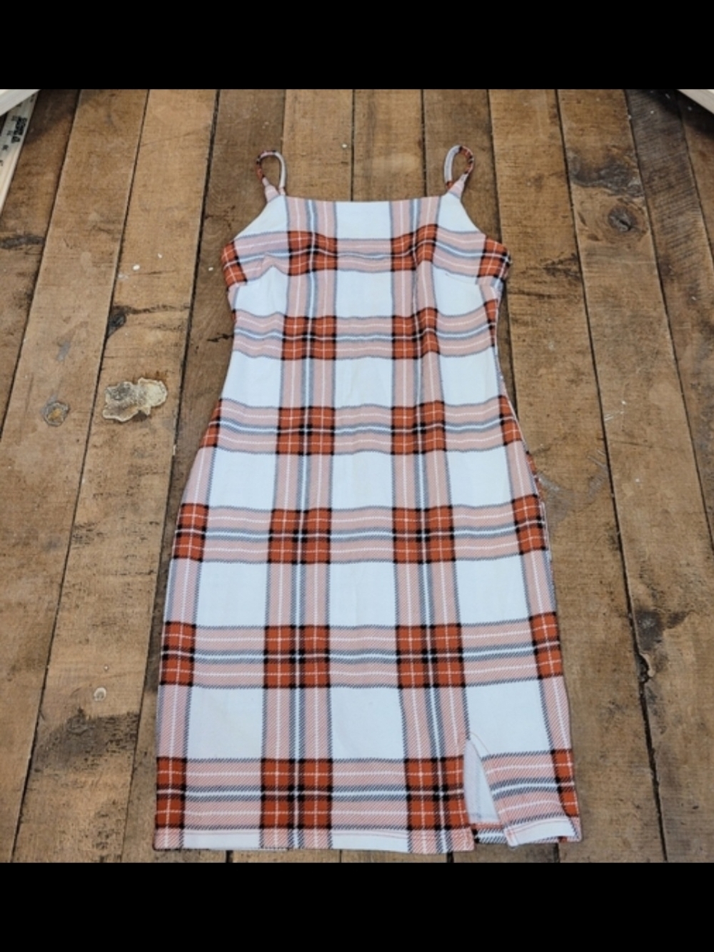No Boundaries White, Orange and Black Plaid Slip Dress Small